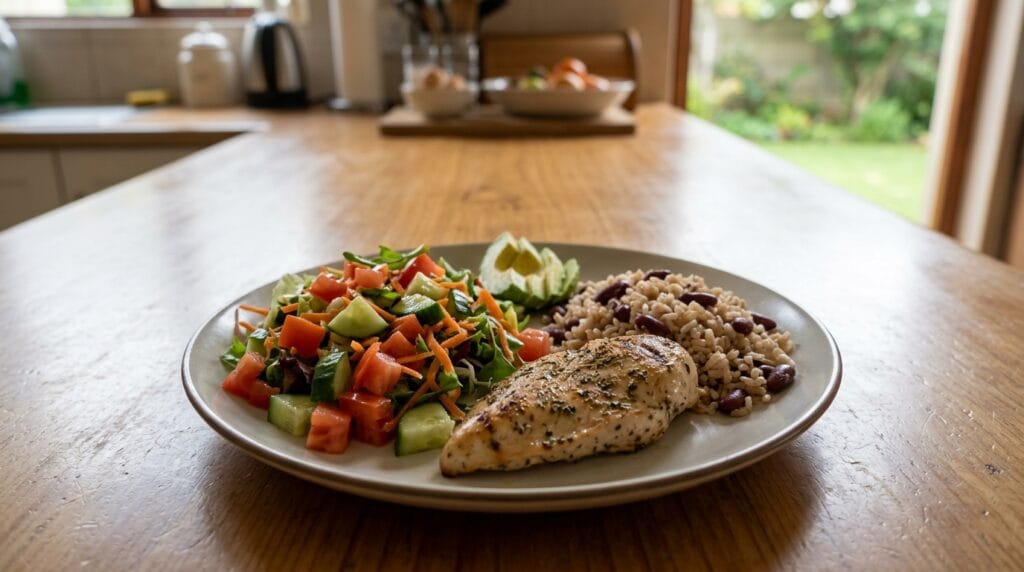 Balanced meals for busy people with chicken, rice, beans and vegetables in a South African home
