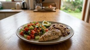 Balanced meals for busy people with chicken, rice, beans and vegetables in a South African home