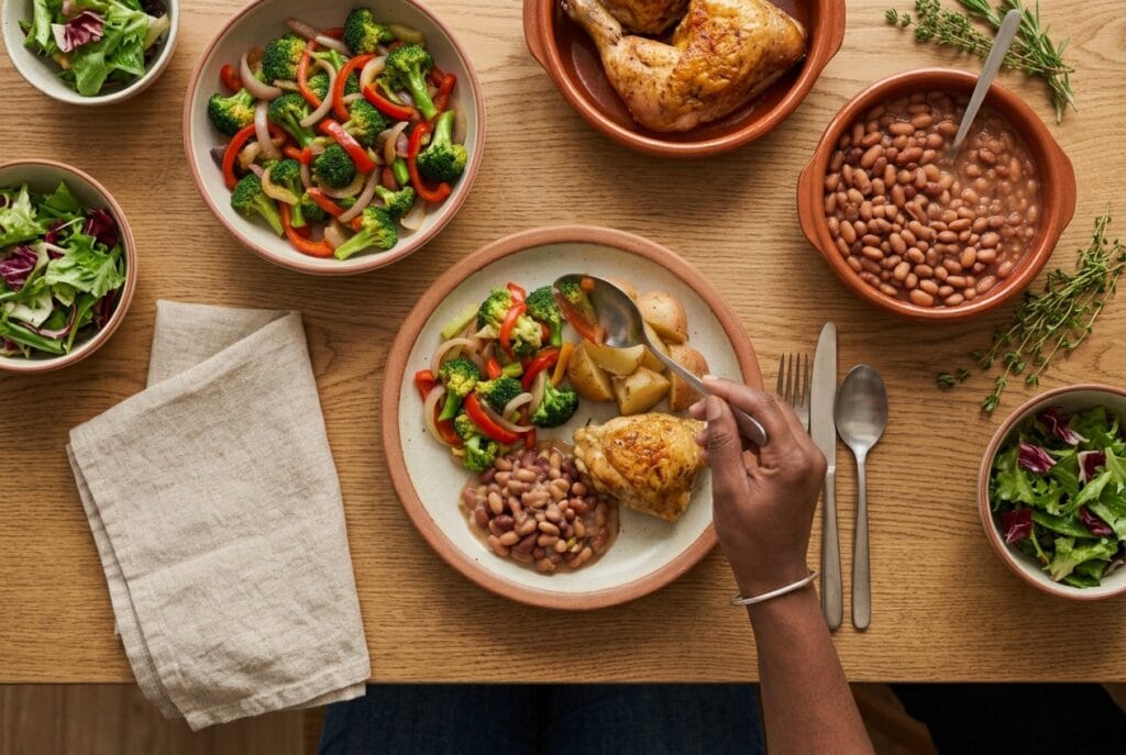 Healthy portions being served from an everyday family meal
