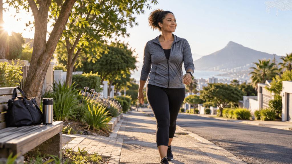 South African adult building an active lifestyle with a busy schedule by walking before work.