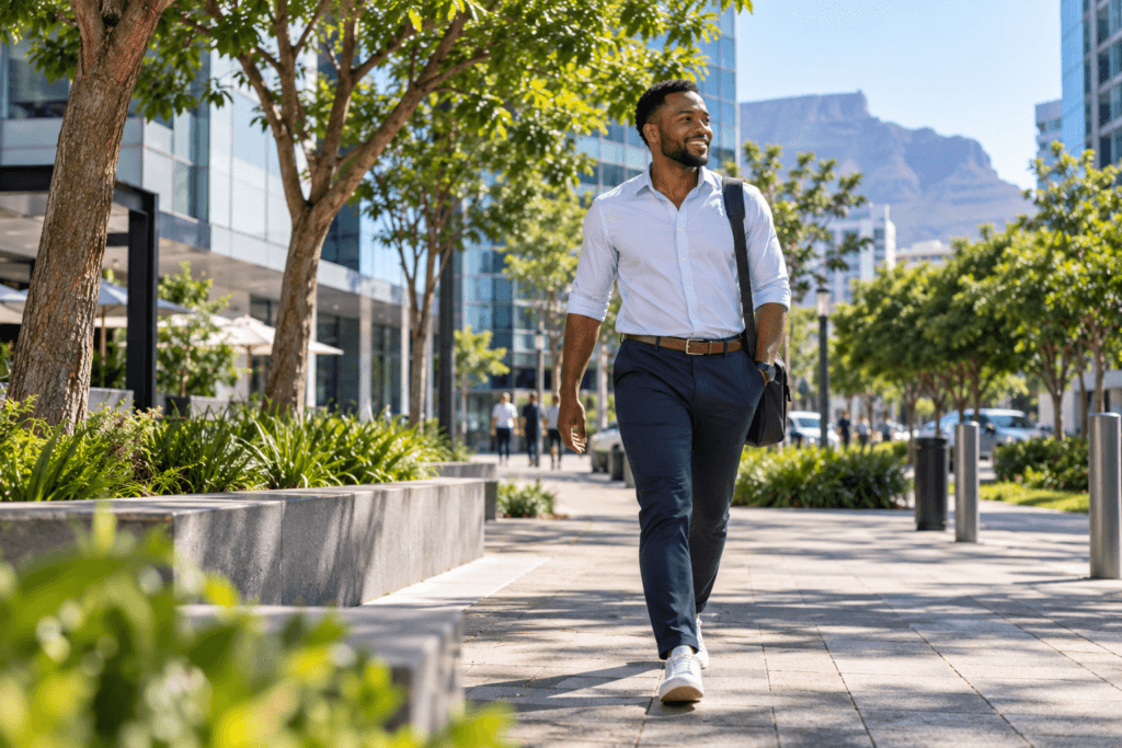 Office worker adding daily physical activity with a short walking break during a busy day.