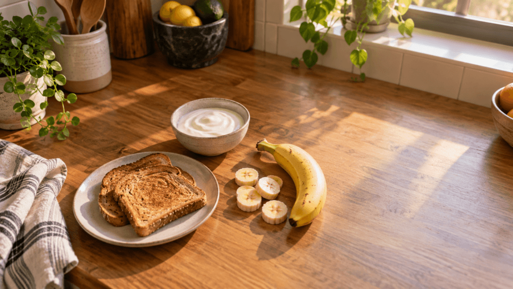 Pre-workout snacks including a banana, toast and yoghurt prepared for an early morning workout.