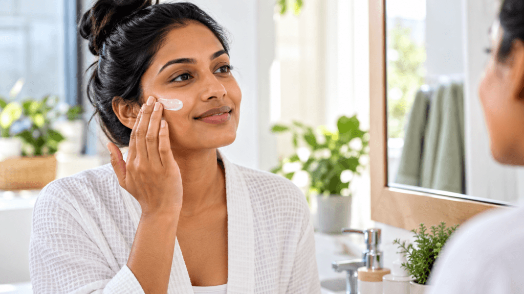 Woman following a simple daily skincare routine at home in South Africa.